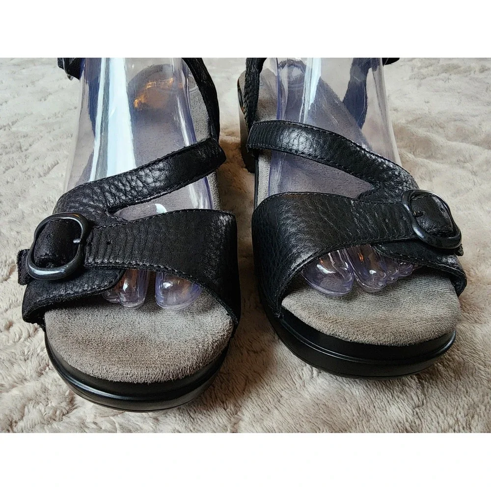 Dansko Black Pebbled Leather Wedge Sandals Strappy Slingback Buckle Shoes Eu 40